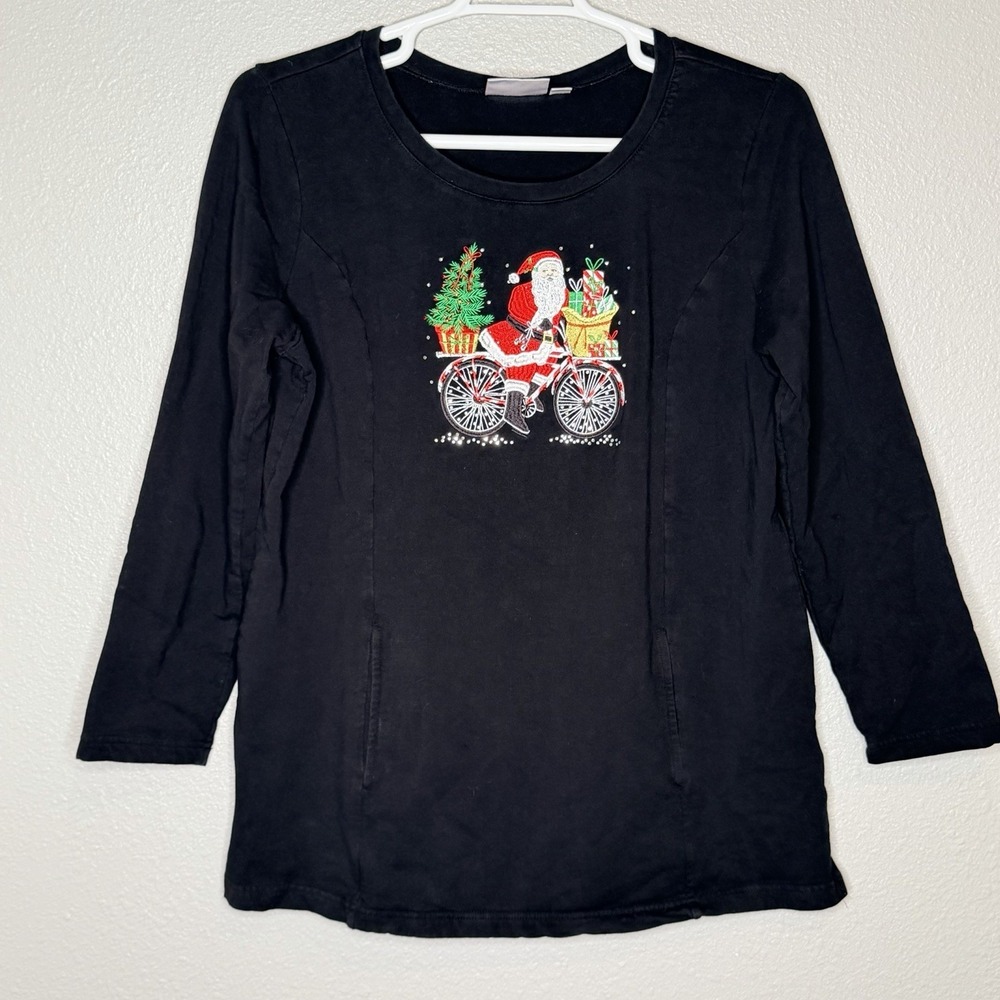 Quacker Factory Santa Bicycle Christmas Top‎ Rhinestone Holiday Tunic L Pockets